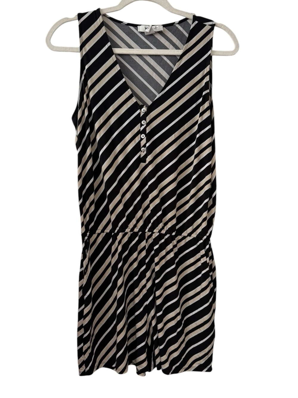 WHBM Black Beige Striped Sleeveless Romper Stretchy Wrinkle Resistant Small